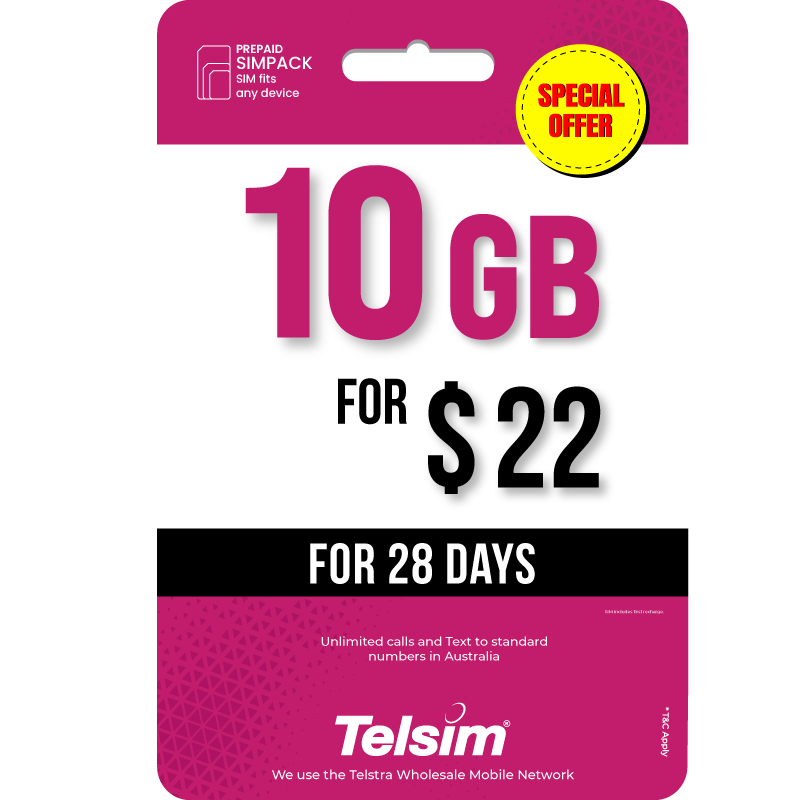 10GB prepaid plan for 22 dollars valid for 28 days, free simcards.
