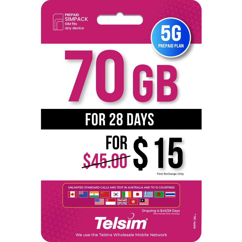 70GB prepaid plan for 45dollars valid for 28 days, free simcards