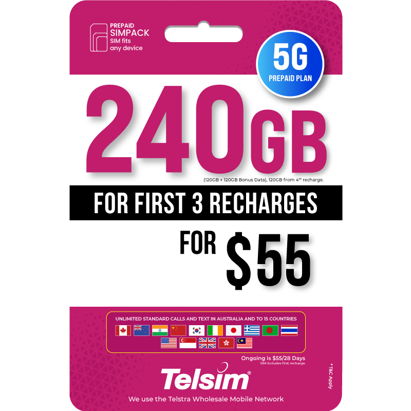 120GB prepaid plan for 55 dollars valid for 28 days, free simcards