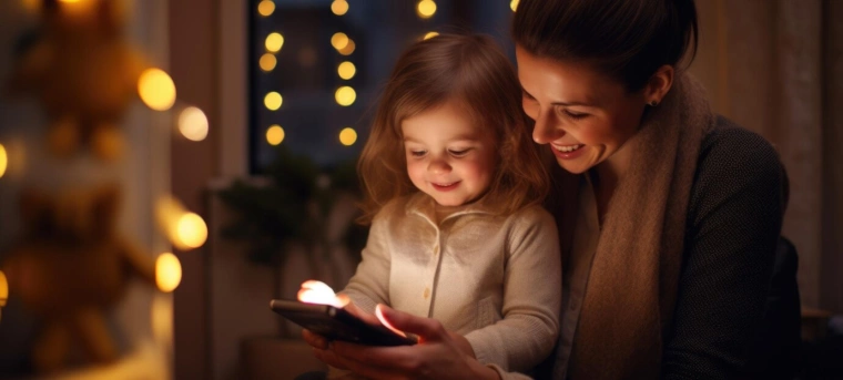 A warm, lifestyle photograph capturing a mother and child sharing a happy moment while browsing a mobile device. The soft lighting and bokeh background evoke feelings of comfort, safety, and family-oriented service.