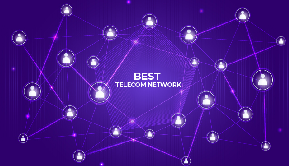 A glowing purple network diagram with interconnected user icons and the text "BEST TELECOM NETWORK."