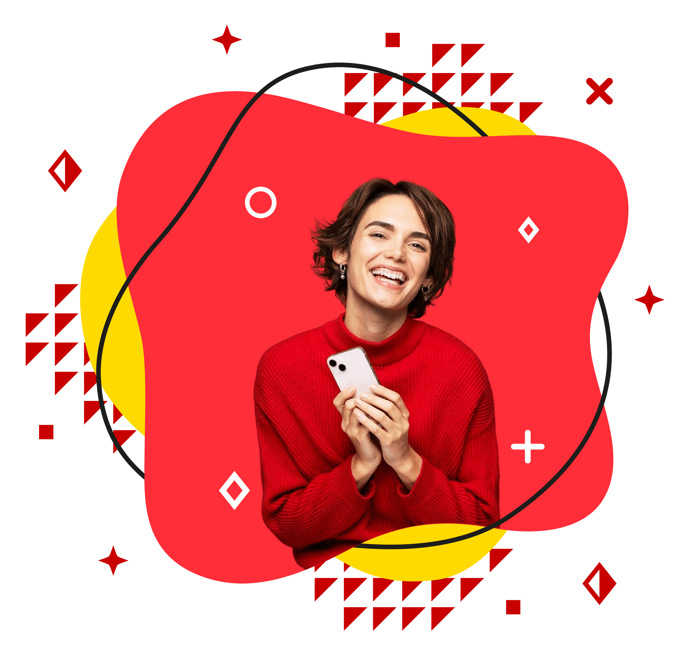 Smiling woman in red sweater holding a smartphone for a FreeSIMCards promotion with a red and yellow background.