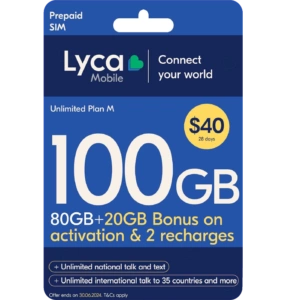 Promotional graphic for Lyca Mobile's Australia. The plan includes 100GB of data for a $40 recharge, featuring unlimited standard national talk and text. This prepaid SIM offer is ideal for high-data users looking for 5G connectivity without a long-term contract.