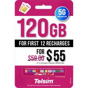 This discounted 5G prepaid plan provides 120GB of data for the first 12 recharges at $55 (usually $59). It includes unlimited standard national calls and international inclusions to 15 countries, operating on the Telstra Wholesale Mobile Network.