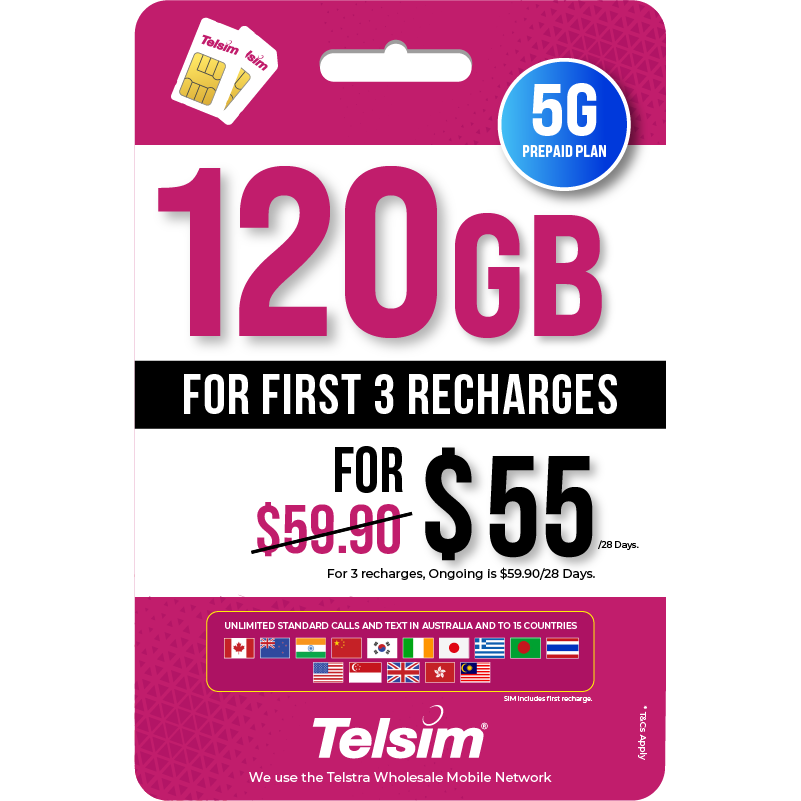 120GB prepaid plan for 55 dollars valid for 28 days, free simcards