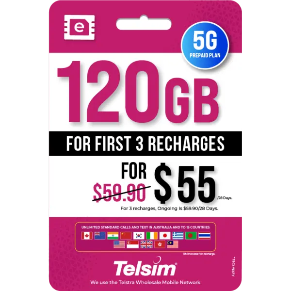 120GB prepaid eSIM plan for 55 dollars valid for 28 days, free simcards