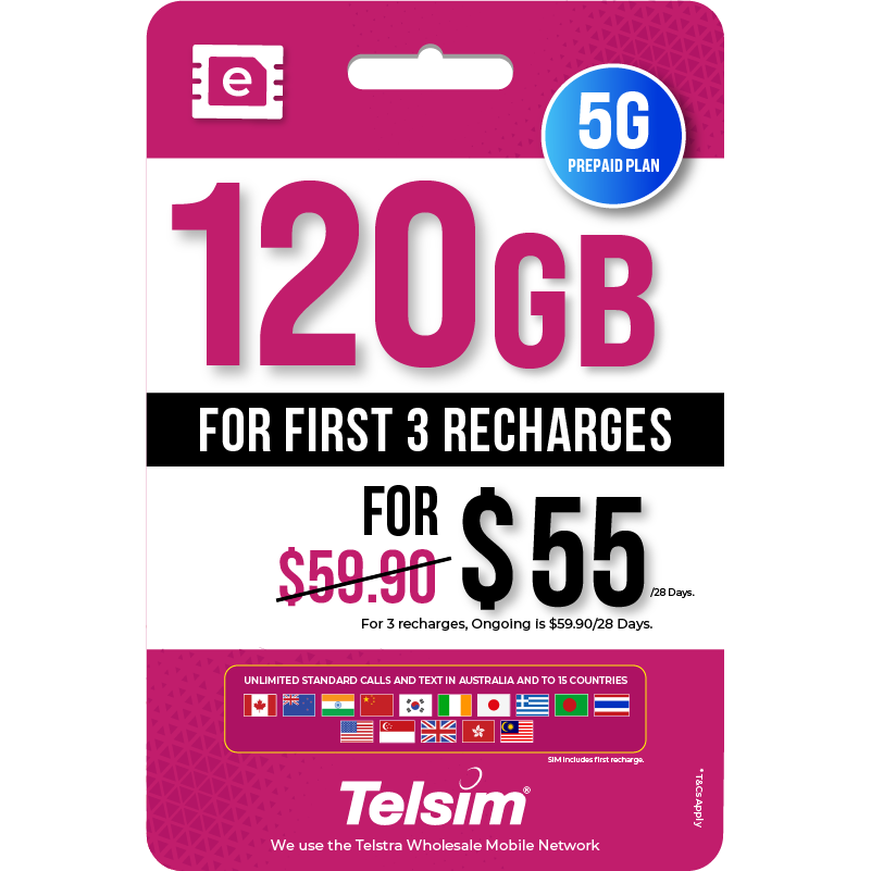 120GB prepaid eSIM plan for 55 dollars valid for 28 days, free simcards