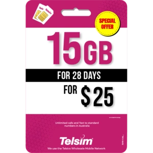 Telsim 15GB prepaid mobile plan for $25. Features unlimited national talk and text for 28 days on the Telstra Wholesale Mobile Network.