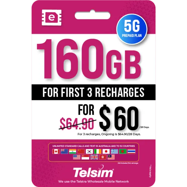 160GB 5G prepaid eSIM plan for 60 dollars for 28 days