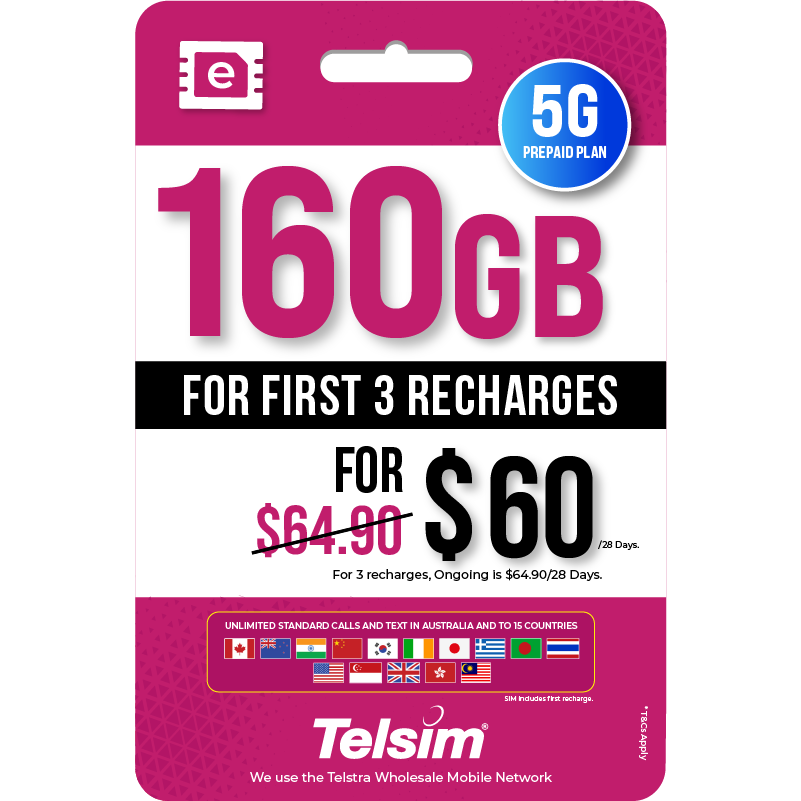 160GB 5G prepaid eSIM plan for 60 dollars for 28 days