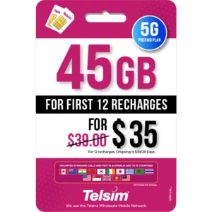 Save with Telsim’s 45GB 5G plan at $35 for the first 12 recharges (ongoing $39). Includes unlimited calls to 15 countries and data banking up to 1000GB.