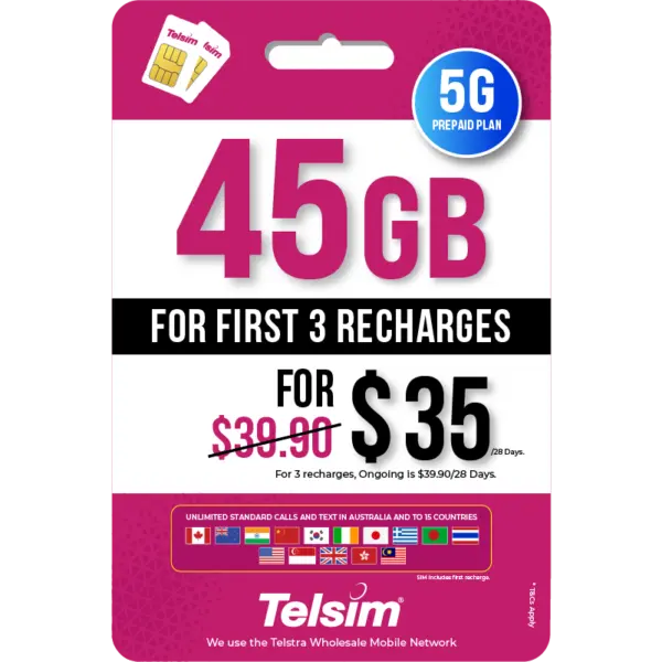 45GB prepaid eSIM plan for 35 dollars valid for 28 days, free simcards