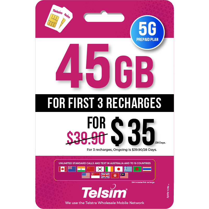45GB prepaid eSIM plan for 35 dollars valid for 28 days, free simcards
