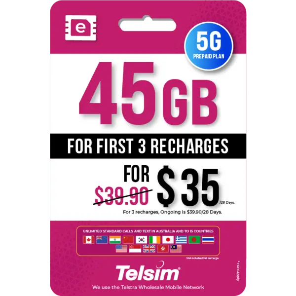 45GB prepaid eSIM plan for 35 dollars valid for 28 days, free simcards