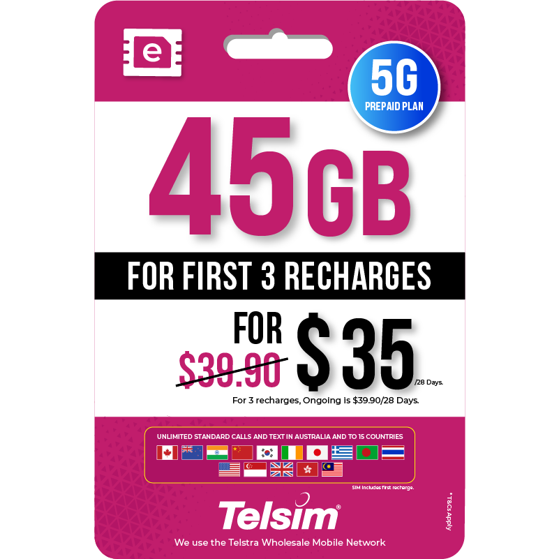 45GB prepaid eSIM plan for 35 dollars valid for 28 days, free simcards