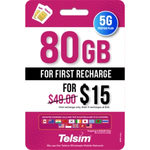 Promotional image of the Telsim 80GB prepaid SIM plan in Australia, offering 80GB data for just $15 on the first recharge (usually $40). Includes 5G speeds, unlimited national calls and texts, and coverage across Australia using trusted mobile networks.