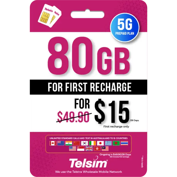 80GB prepaid eSIM plan for 15 dollars valid for 28 days, free simcards