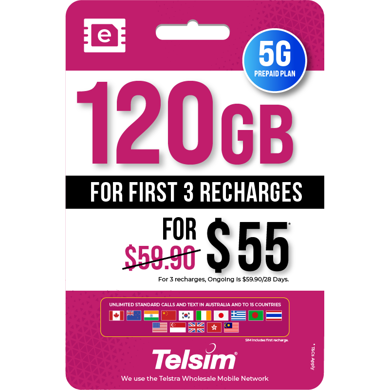 120GB prepaid eSIM plan for 55 dollars valid for 28 days, free simcards