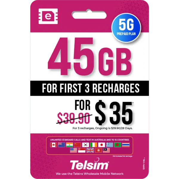 45GB prepaid eSIM plan for 35 dollars valid for 28 days, free simcards