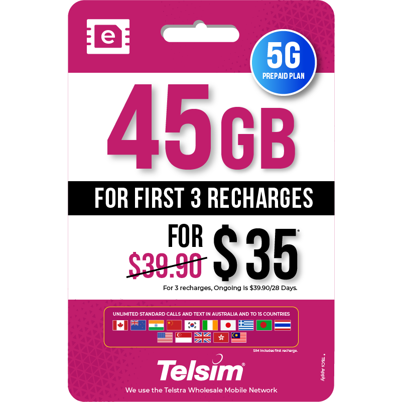 45GB prepaid eSIM plan for 35 dollars valid for 28 days, free simcards