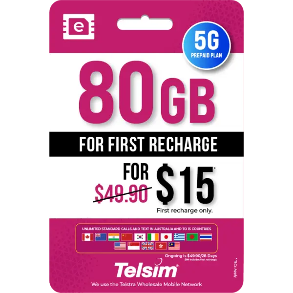 80GB prepaid eSIM plan for 15 dollars valid for 28 days, free simcards