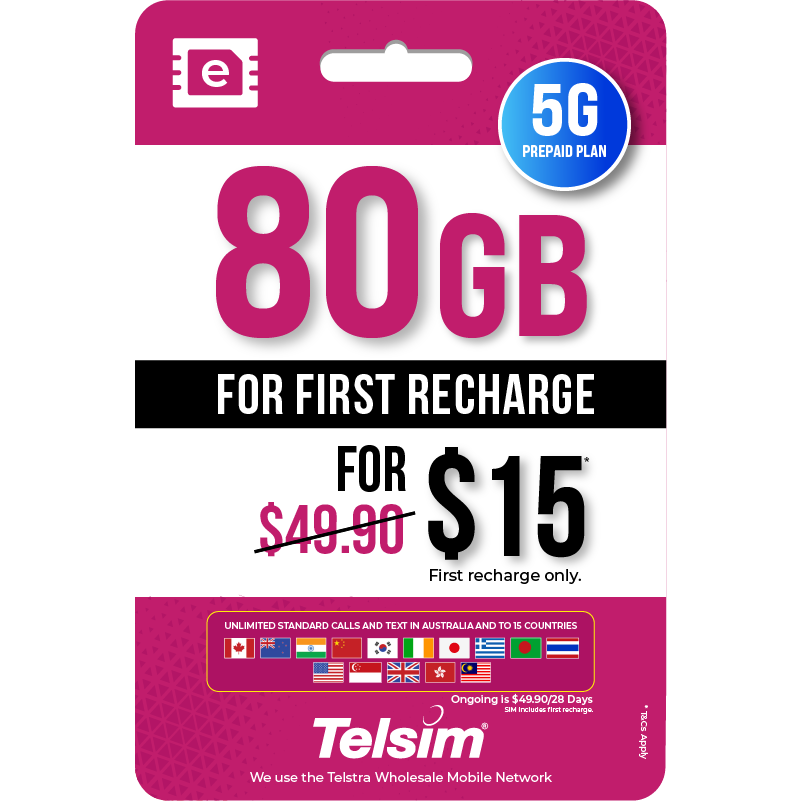 80GB prepaid eSIM plan for 15 dollars valid for 28 days, free simcards
